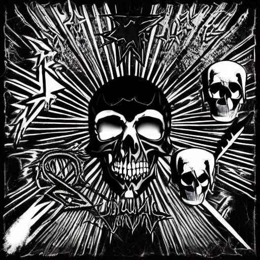 a punk rock album cover with a skull and lightning bolts, black and white, Parental Advisory label in the bottom