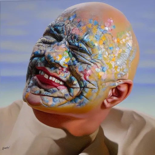 a surreal painting of a bald man turned into a rock, oil on canvas