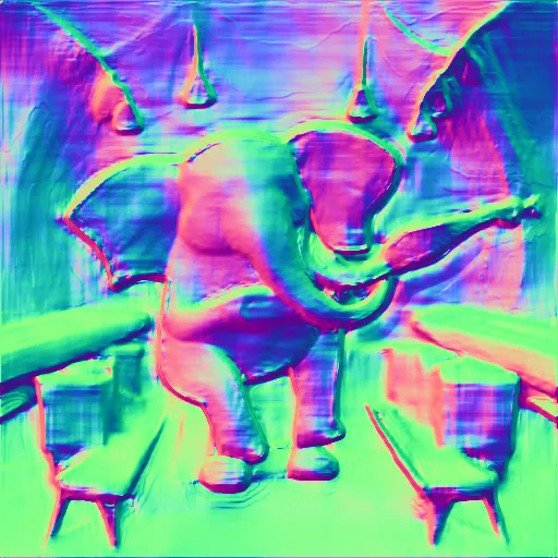 Surface normals. an elephant playing the guitar on stage with a nose ring, cartoon style