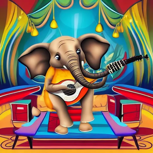 an elephant playing the guitar on stage with a nose ring, cartoon style