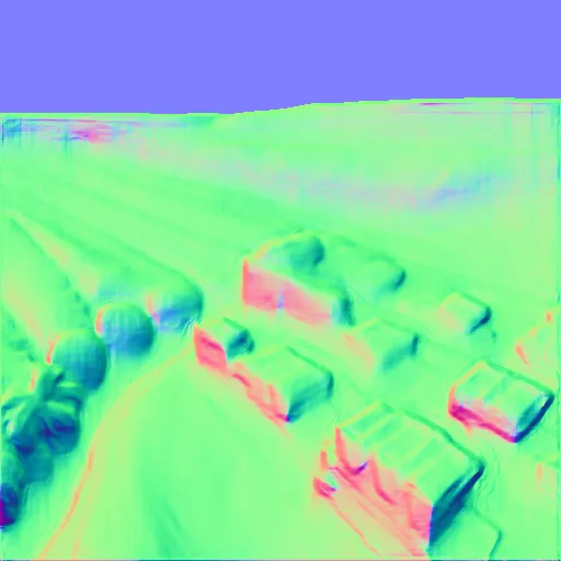 Surface normals. a photo of a banana plantation in Kenya with shipping containers and a drone in the air, aerial view, sunny day