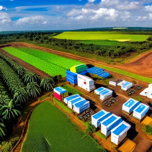 a photo of a banana plantation in Kenya with shipping containers and a drone in the air, aerial view, sunny day