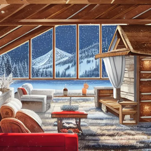 a digital illustration of a cozy cabin in the mountains, overlooking the ocean, with a warm fire inside and snow falling outside, with a red sofa