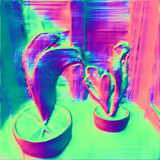Surface normals. two purple and red carnivorous plants in front of a window