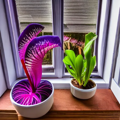 two purple and red carnivorous plants in front of a window