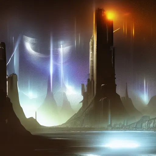 Elohiym lands in a dark sci-fi style, with towering metallic structures and a realistic sky