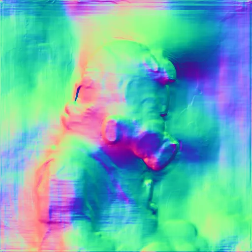 Surface normals. a man in a gas mask is surrounded by smoke with an RGB split effect