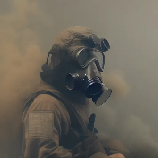 a man in a gas mask is surrounded by smoke with an RGB split effect