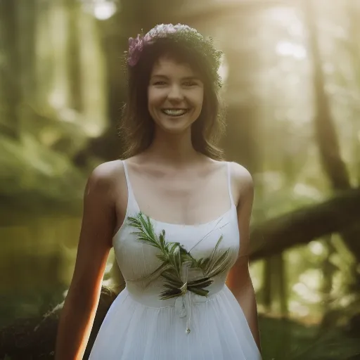 a woman in a white dress standing in a forest, smiling