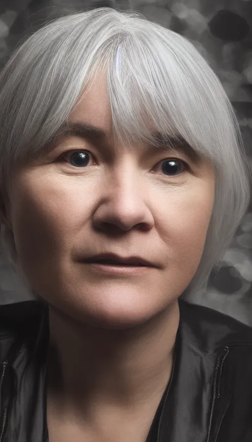 a close up of a person wearing a black jacket with light gray hair shining in the light