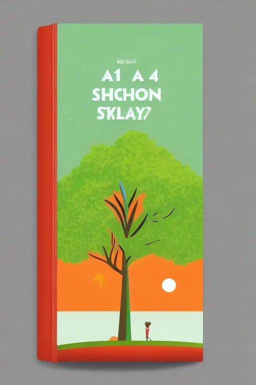 A4 size book cover with a big tree in the center, a middle school student standing under the tree looking up at the sky, bright orange and grass green color combination, flat design style, with a sense of technology