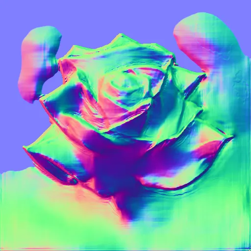 Surface normals. a bright origami Kawasaki rose with a white background