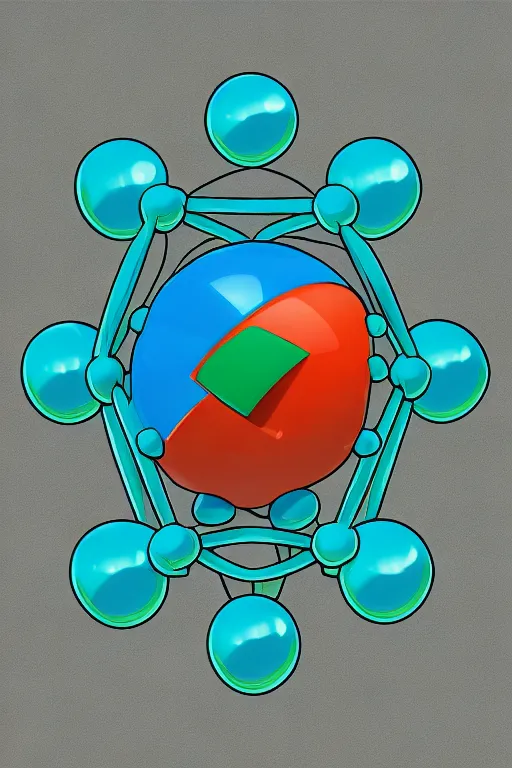 a stylized atom with a formula on a transparent background, with a blue and green color scheme, in a 2D cartoon style