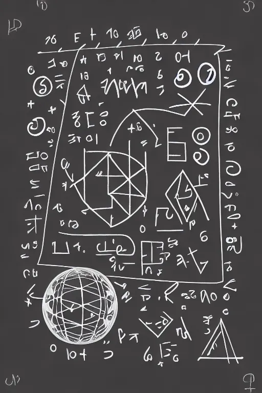 a stylized 2D cartoon of a chalkboard with mathematical formulas and equations, surrounded by geometric shapes and patterns, on a white background, in a minimalist style