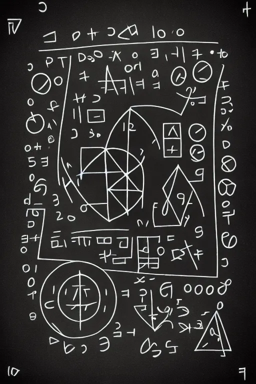 a stylized 2D cartoon of a chalkboard with mathematical formulas and equations, surrounded by geometric shapes and patterns, on a white background, in the style of Gunter Rambow