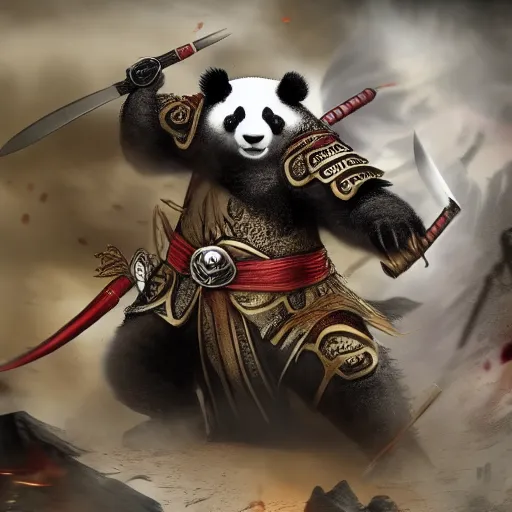 a panda warrior in the heat of battle, wielding two swords against a horde of enemies, with a futuristic look