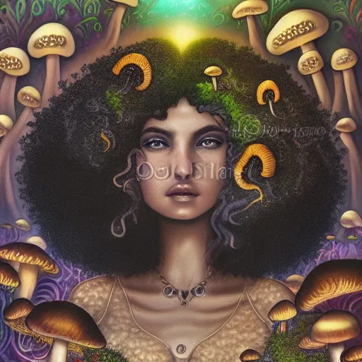 a beautiful young caucasian woman with curly black hair surrounded by mushrooms in a mystical universe in visionary art style
