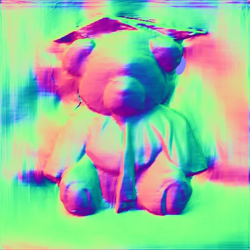 Surface normals. a teddy bear wearing PhD regalia in Berkeley colors