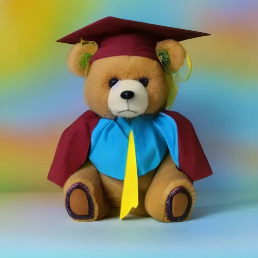 a teddy bear wearing PhD regalia in Berkeley colors