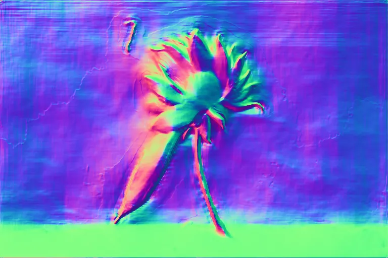 Surface normals. una flor a la izquierda de la imagen, en una pared marrón