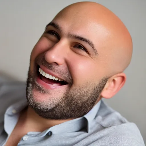 a bald man with brown hair, smiling and wearing a white shirt