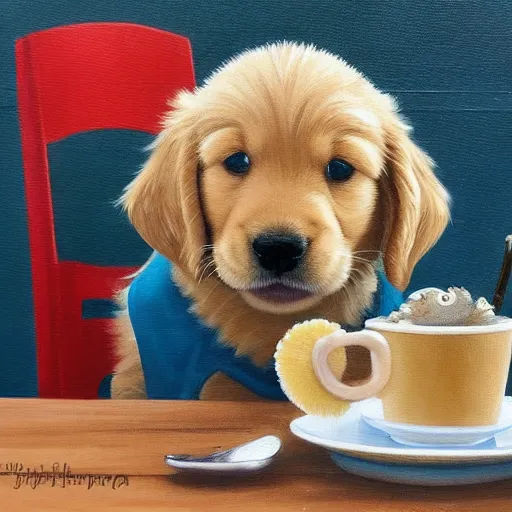 a cute painting of a golden retriever puppy drinking a puppuchino, acrylic