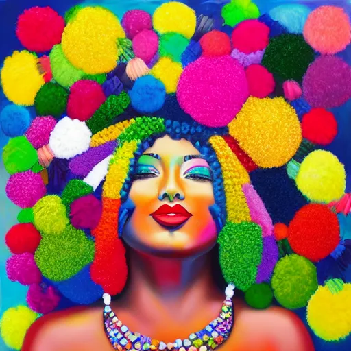 a colorful painting of a happy, makeup-free woman with pom poms in her hair