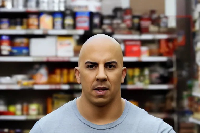 a man who looks like Dominic Toretto standing in front of a shelf of gifts