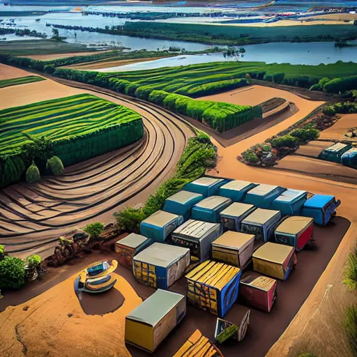 a photo of a banana plantation in Kenya with shipping containers, aerial view, sunny day