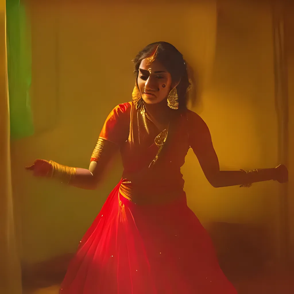 a young woman in a traditional Indian dress, dancing alone in a well-lit room with tears streaming down her face
