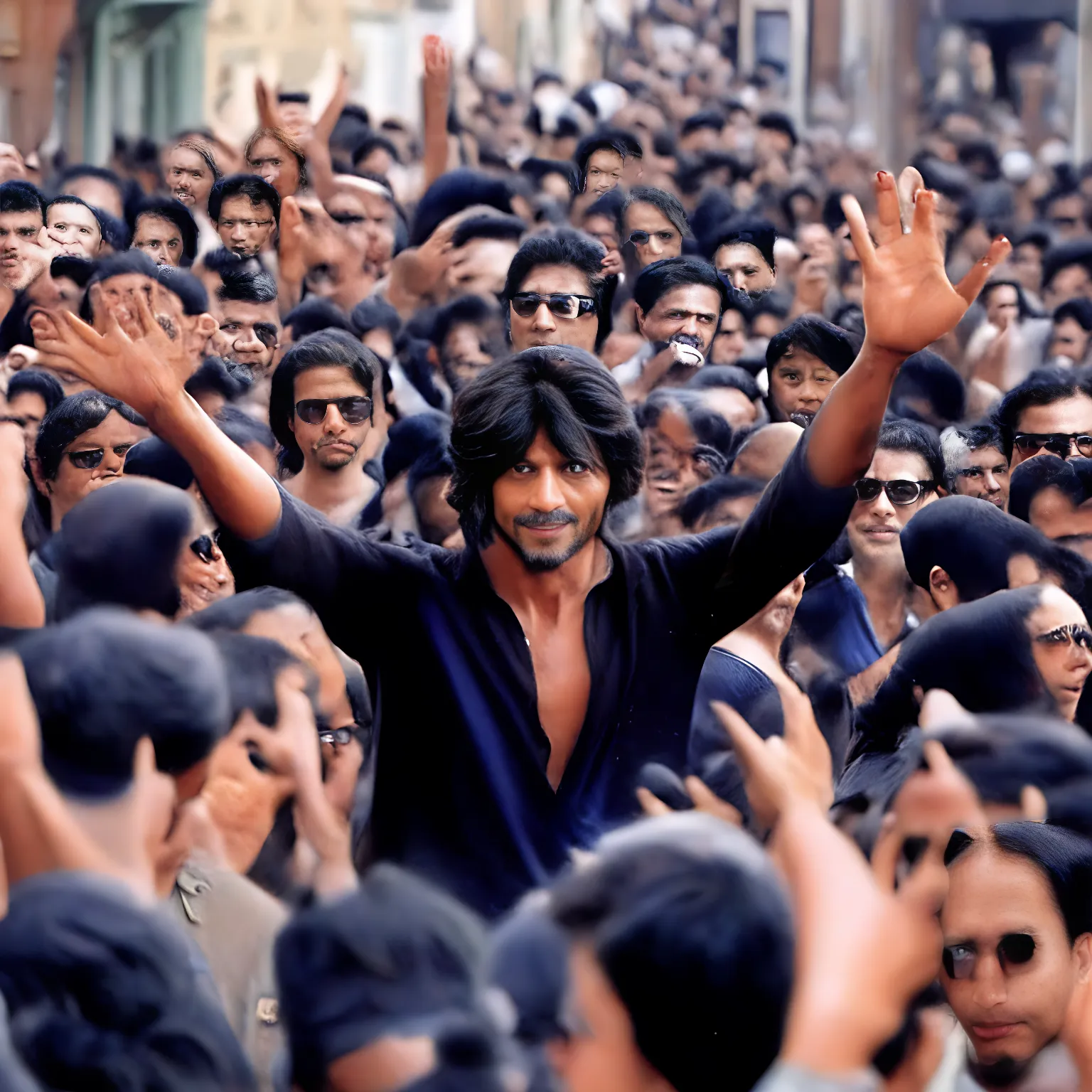 Shahrukh Khan waving to his fans in a crowded street