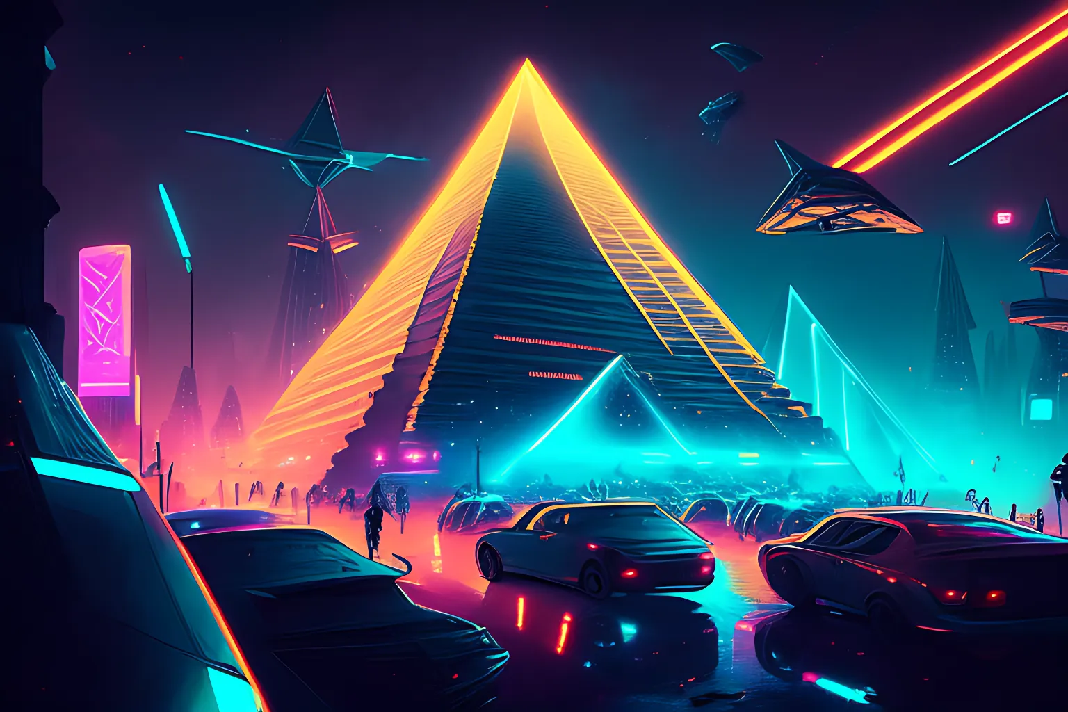 a neon futuristic pyramid city at night, with flying cars and a bustling crowd