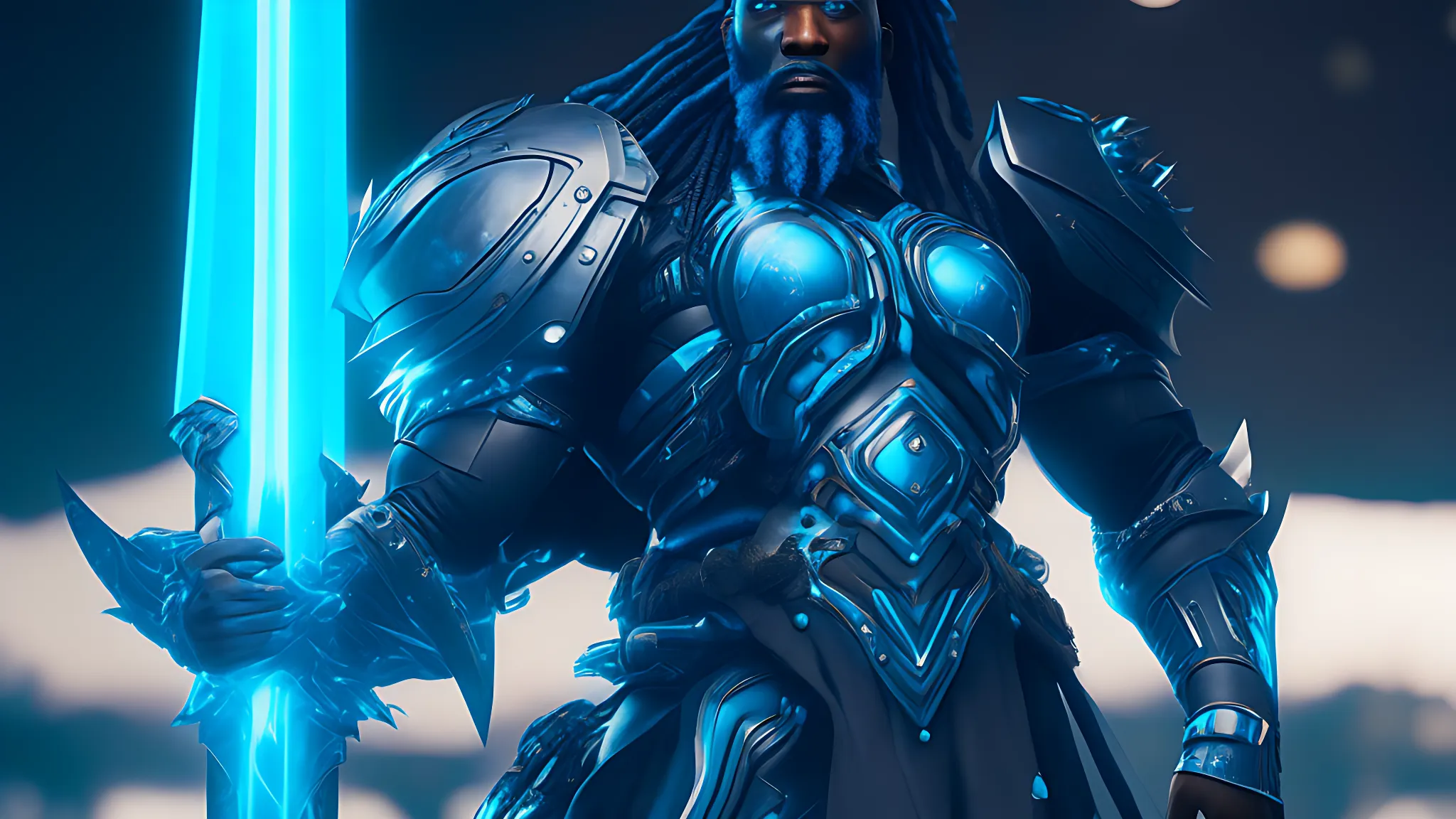 a black man with a long beard, blue hair, and blue neon kinetic cyborg armor, holding a grand futuristic broad sword, standing on a large planet with ultra defined, photorealistic, and photorealism qualities, rendered in Unreal Engine 5 with ultra detailed, HDR, and HR settings