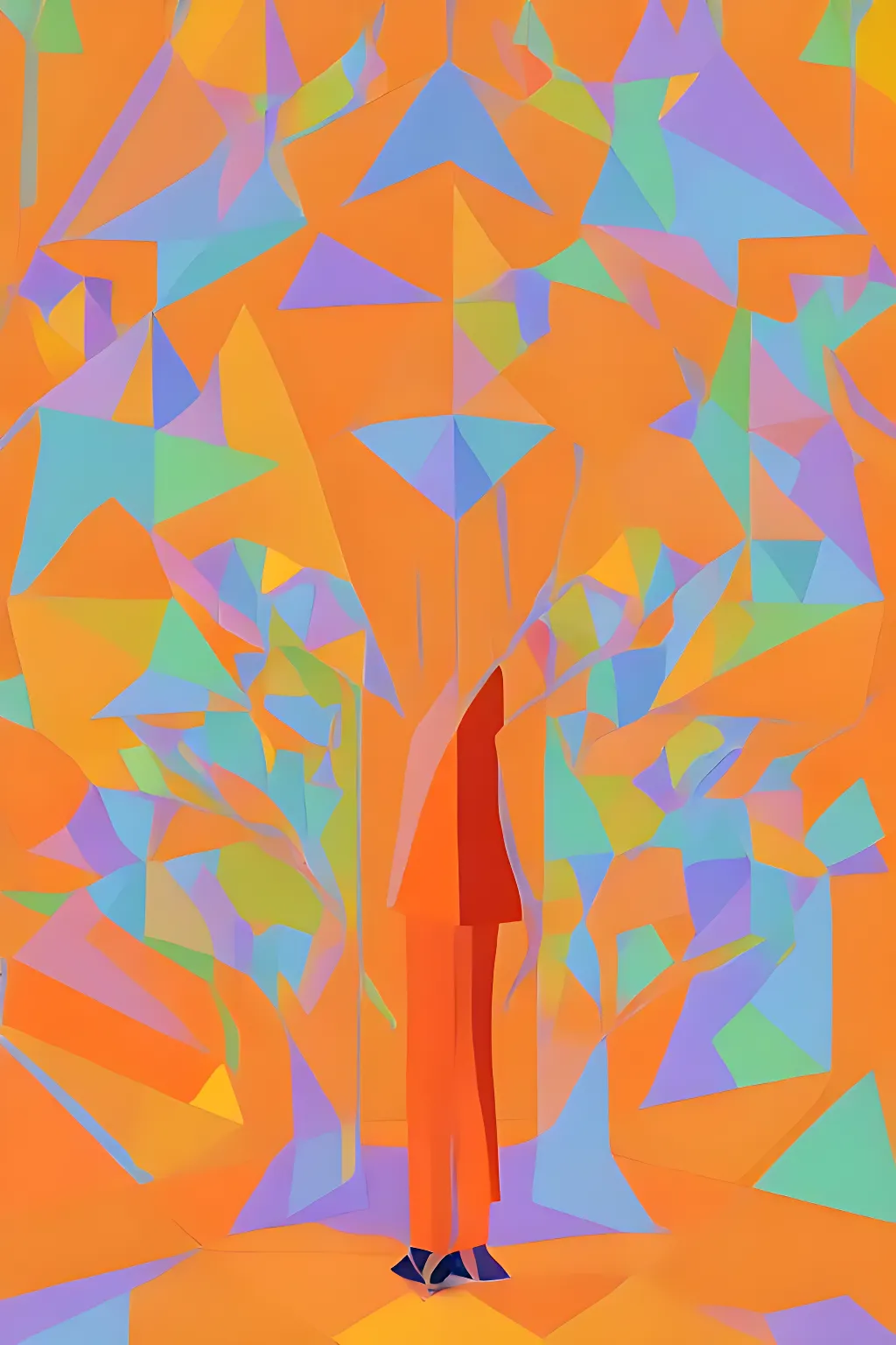 a simplified middle school student made of geometric shapes standing in front of a tree made of geometric shapes, with a bright and cheerful orange color scheme, in the style of Shunji Yuzawa