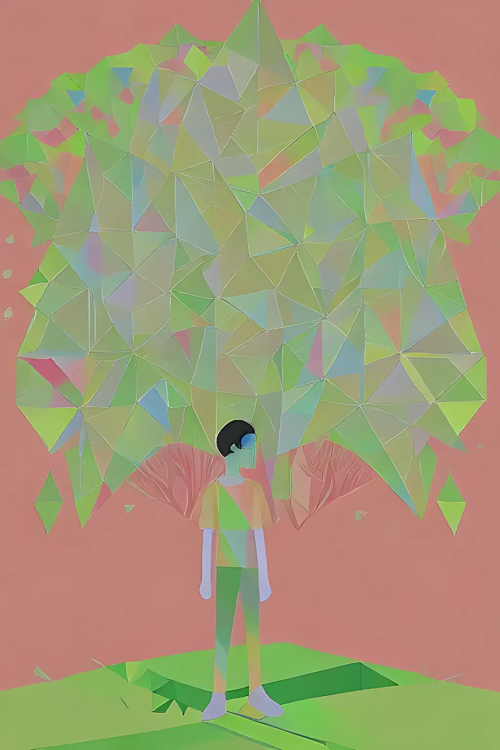 a middle school student made of geometric shapes standing in front of a tree made of geometric shapes, with a bright and cheerful green color scheme, in the style of Shunji Yuzawa