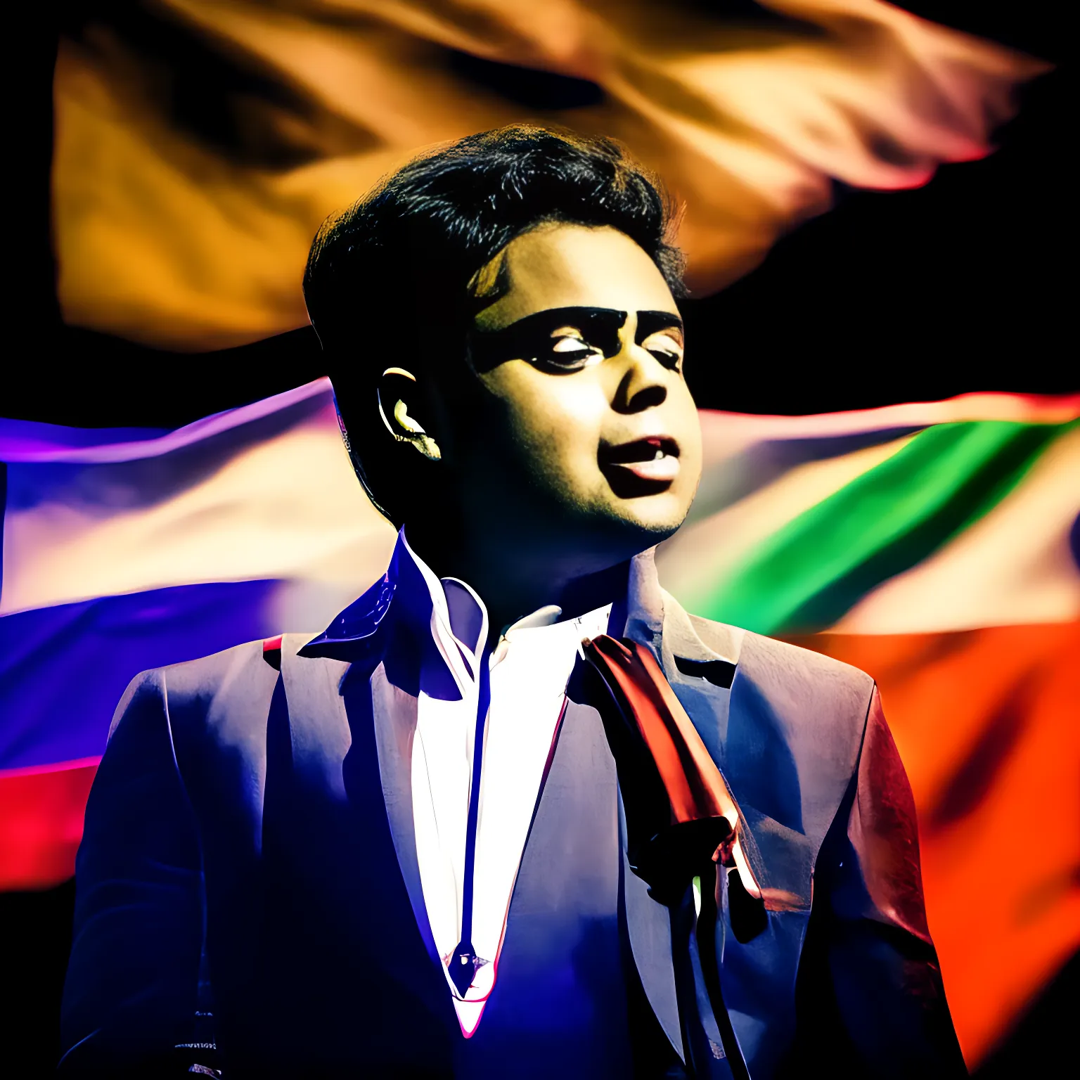 A.R Rahman singing with the Indian flag in the background