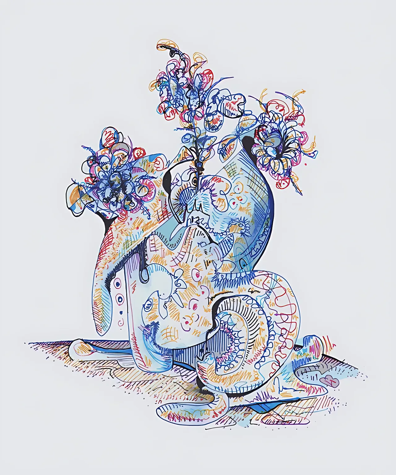 a drawing of a vase with flowers in it