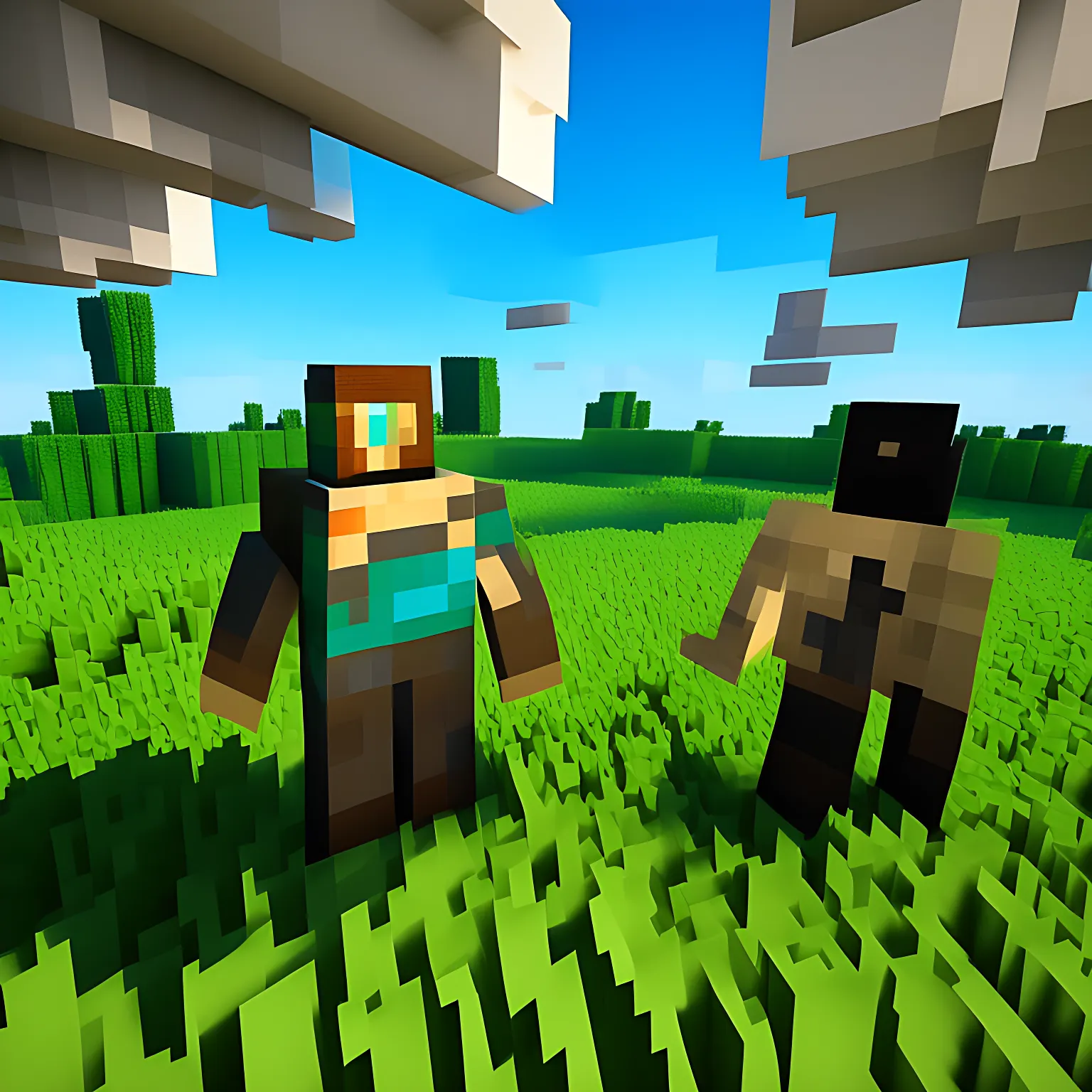 Minecraft Steve and Alex standing in the foreground of a Minecraft scene with grass and sky, with Alex in a similar pose to the provided image