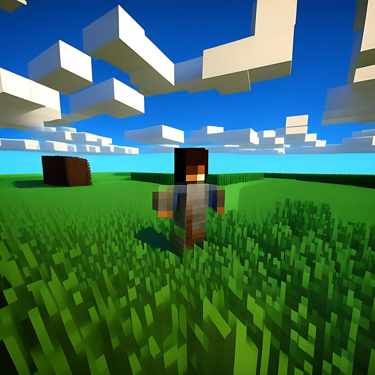 Minecraft Alex standing in the foreground of a Minecraft scene with grass and sky, in a similar pose to the provided image