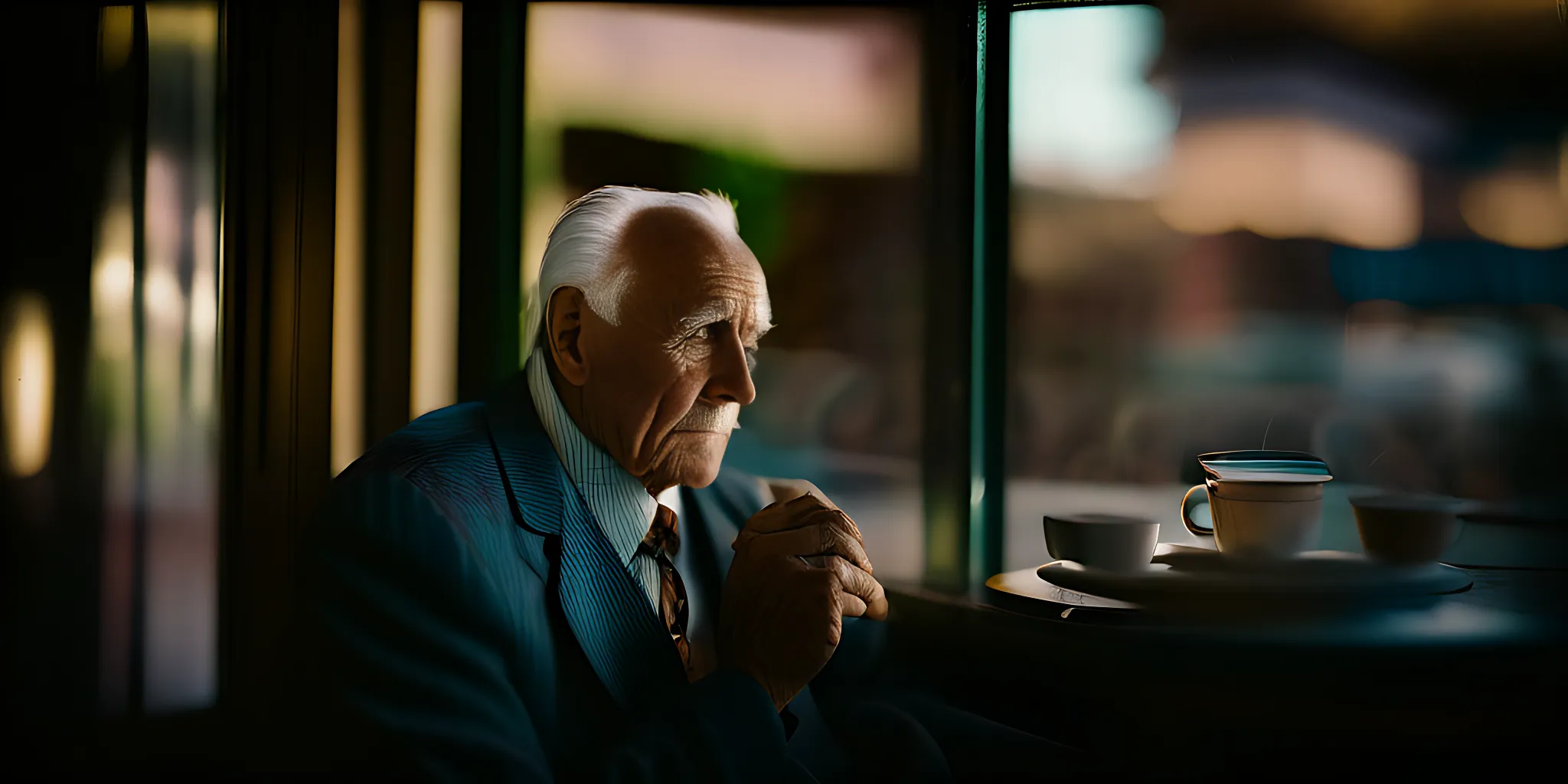 photography shot through an outdoor window of a coffee shop with neon sign lighting, window glares and reflections, depth of field, grandpa in a suit with a cup of coffee in his hands sitting at a table, portrait, Kodak Portra 800, 105 mm f1.8