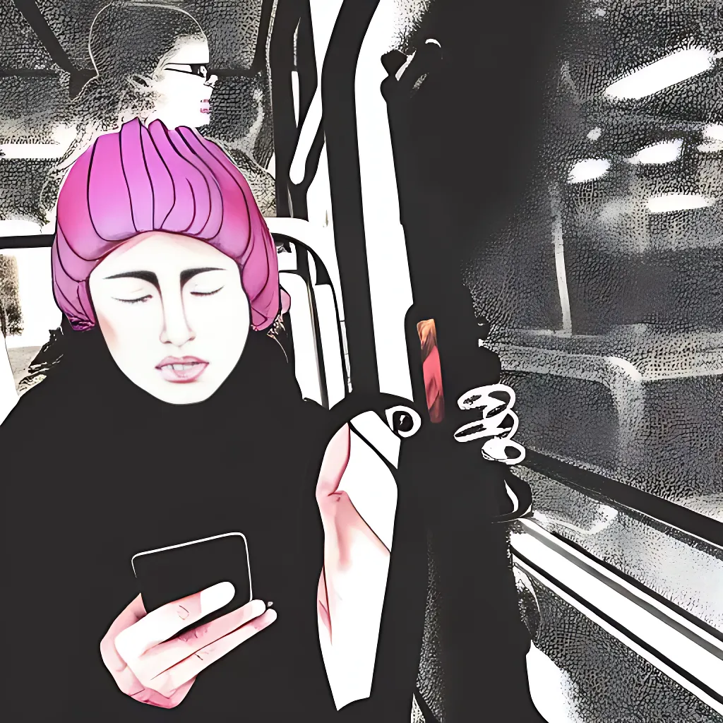 a woman on a bus looking at her cell phone with a psychedelic manga style