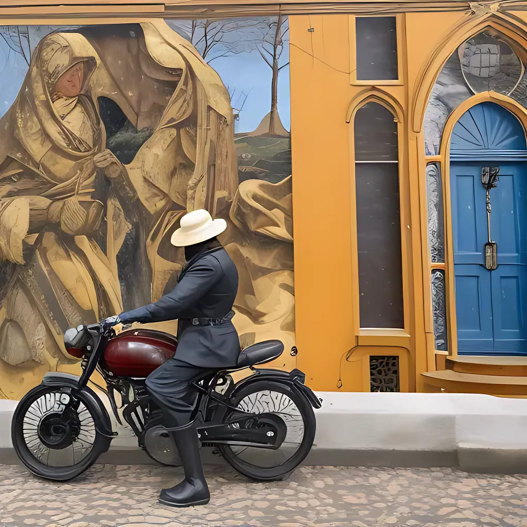 a man on a motorcycle in front of a painting