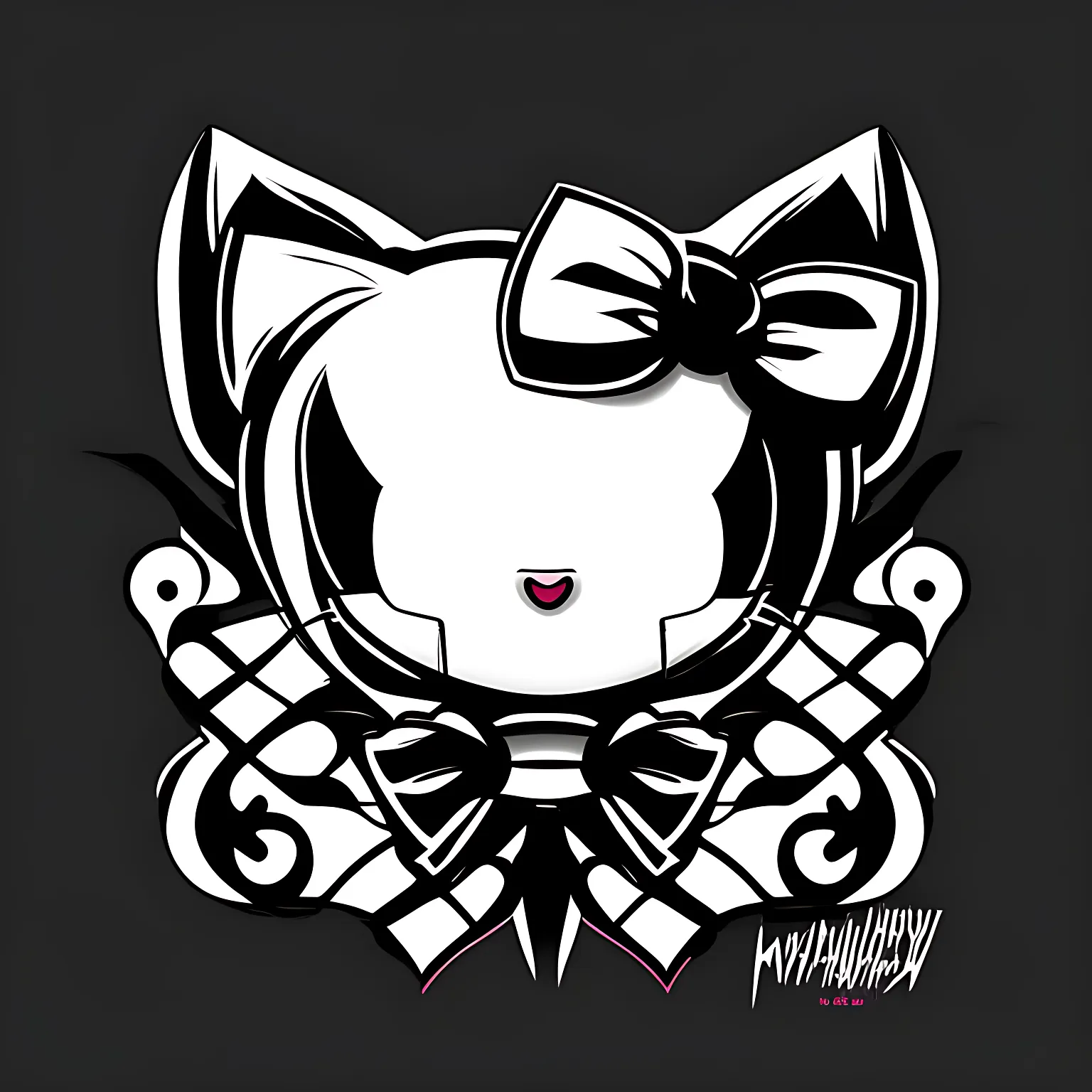 venom with hello kitty's bow and face, black and white, flat style