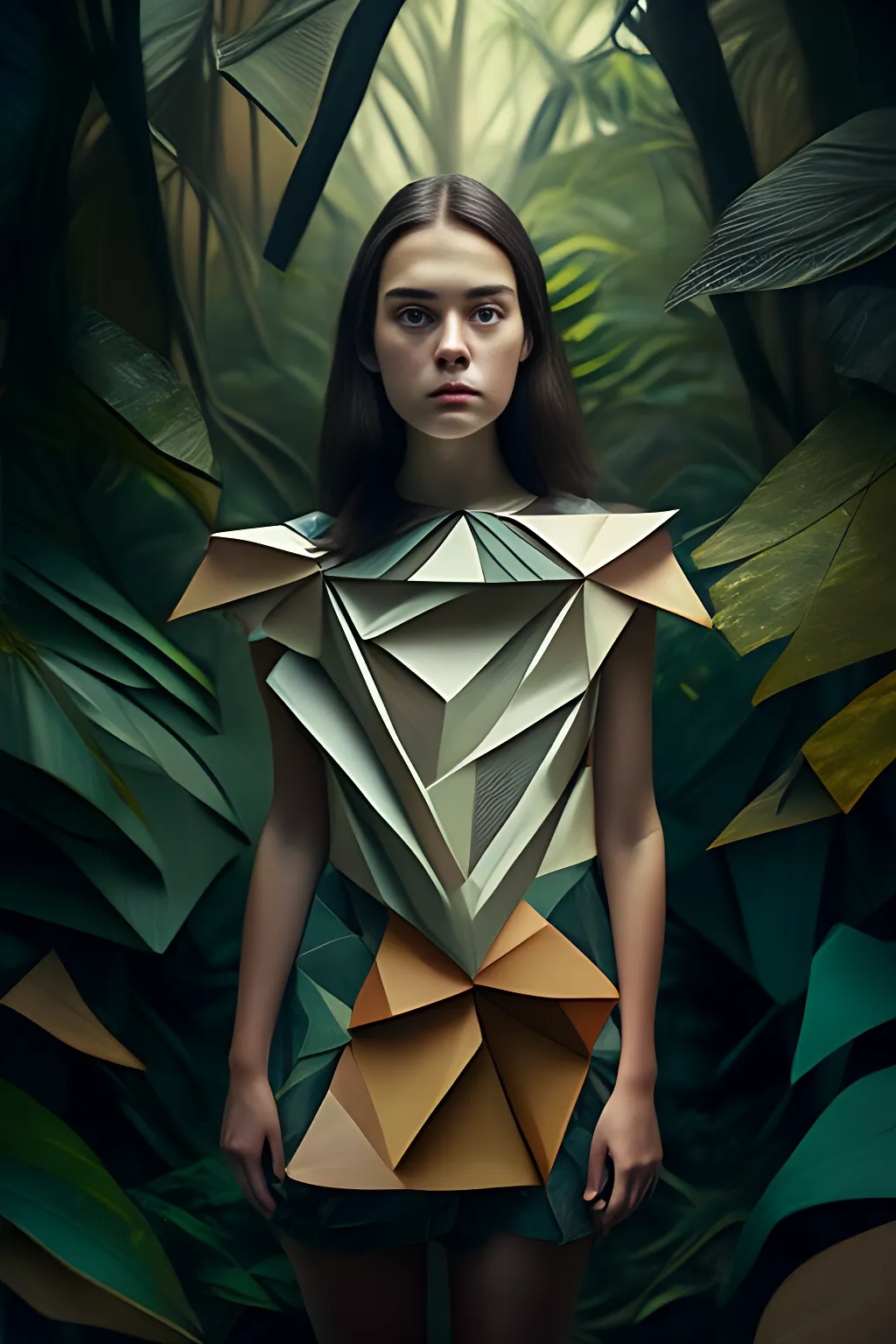 a realistic portrait of a girl wearing an origami dress in the jungle
