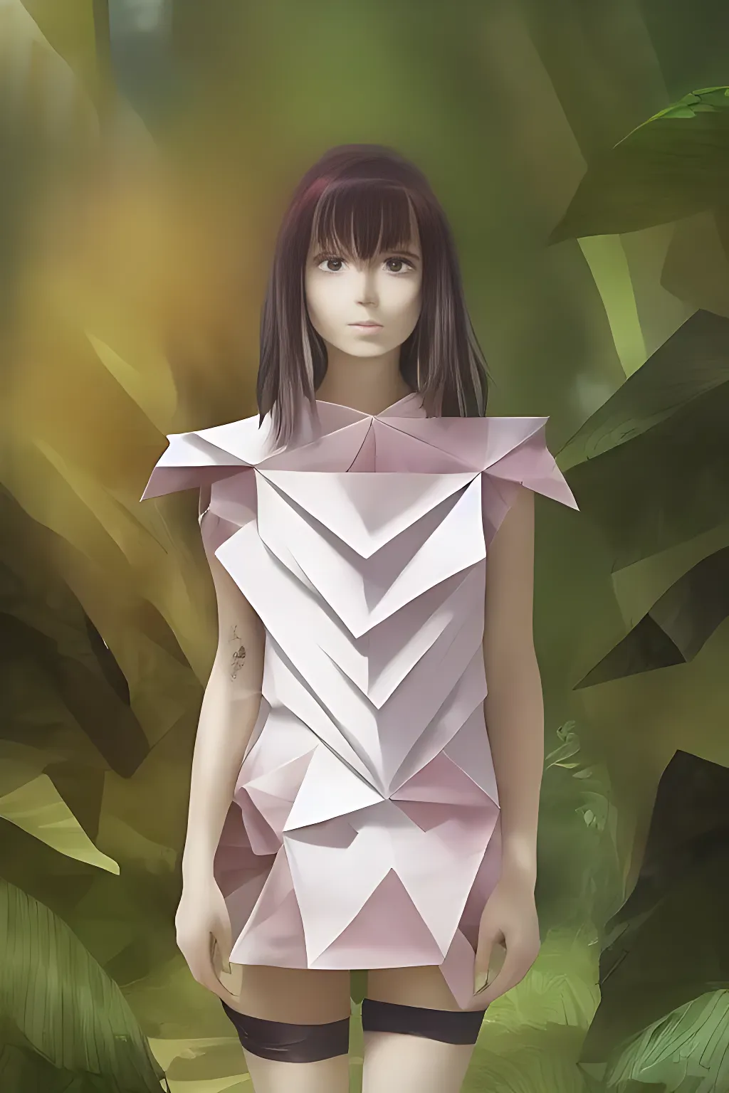 an anime-style portrait of a girl wearing an origami dress in the jungle with a cuter face