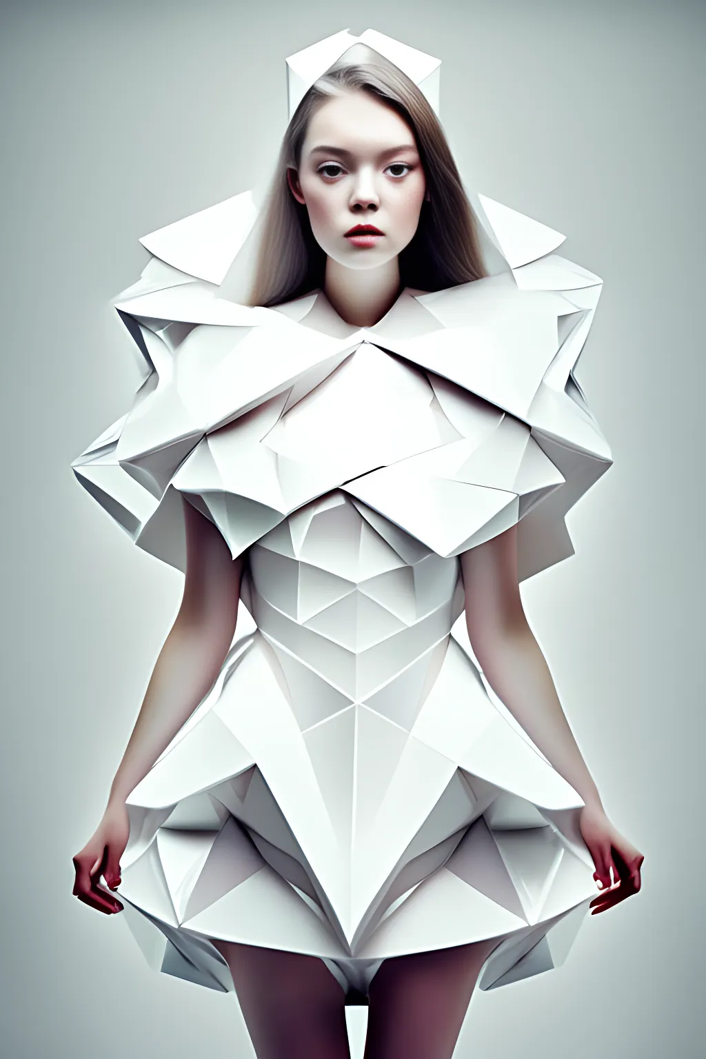 a beautiful girl wearing a white shiny origami dress