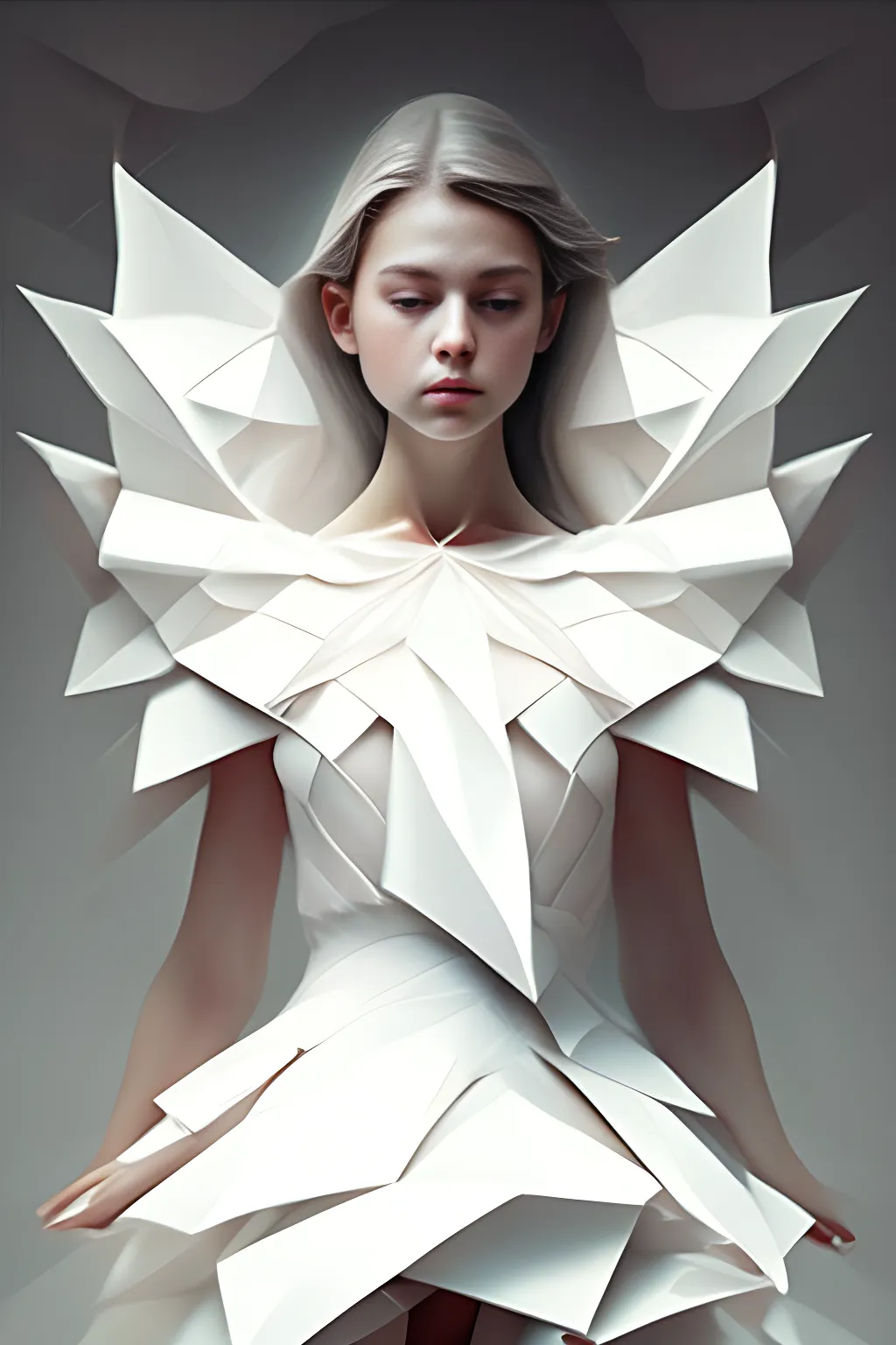 an angel girl wearing an origami white dress, in a romantic style