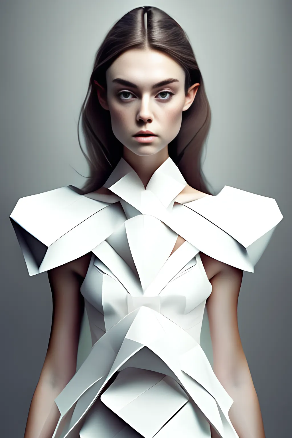 a beautiful realistic fashion model girl wearing an origami white dress