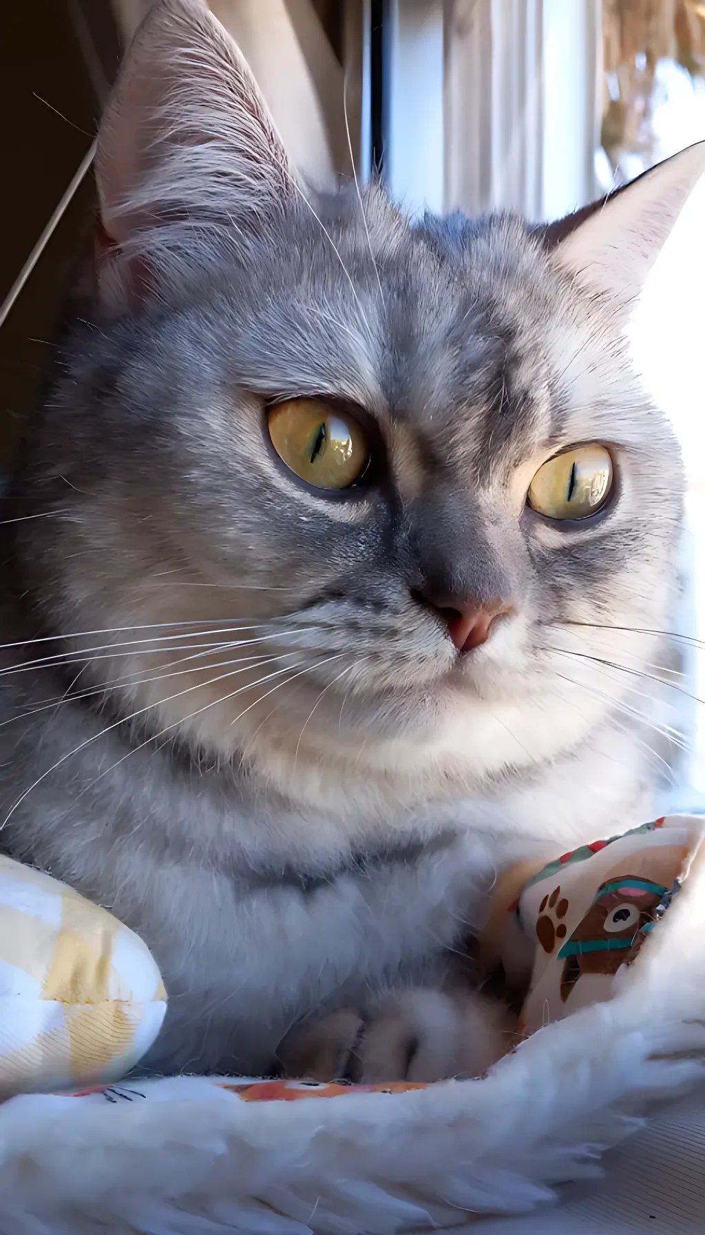 a gray cat with yellow eyes laying on a blanket