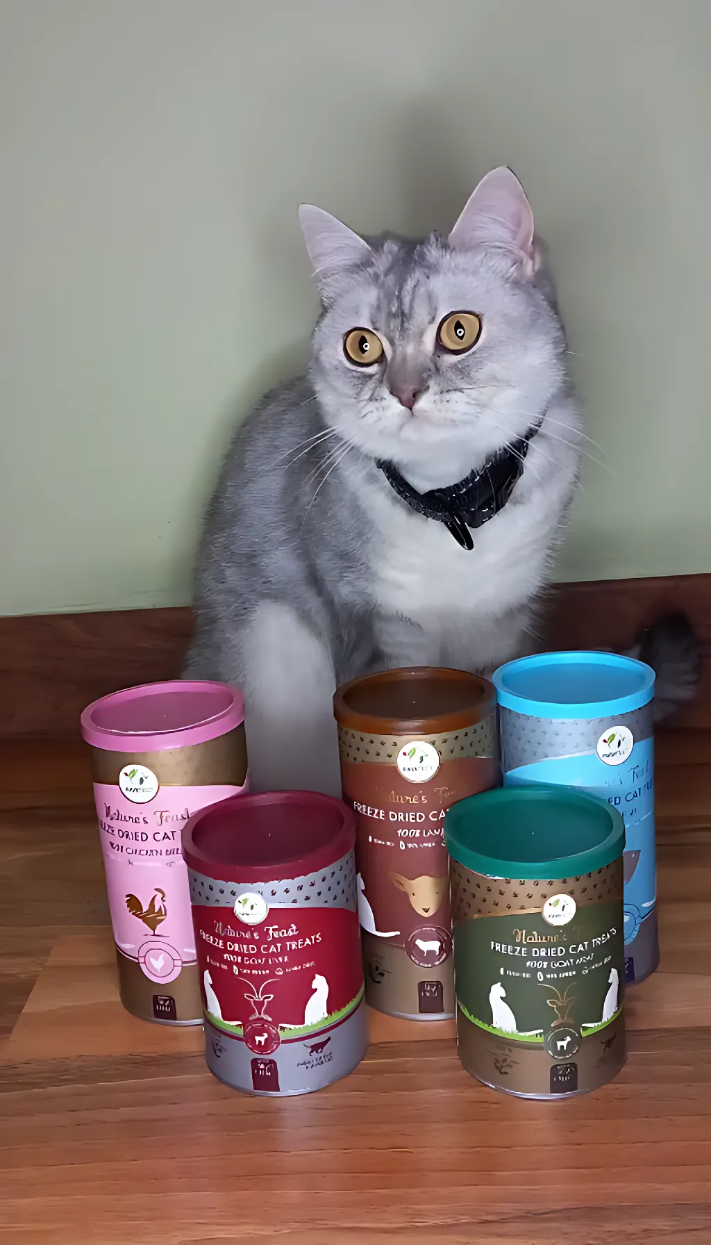 a cat sitting on top of a table next to a bunch of cups